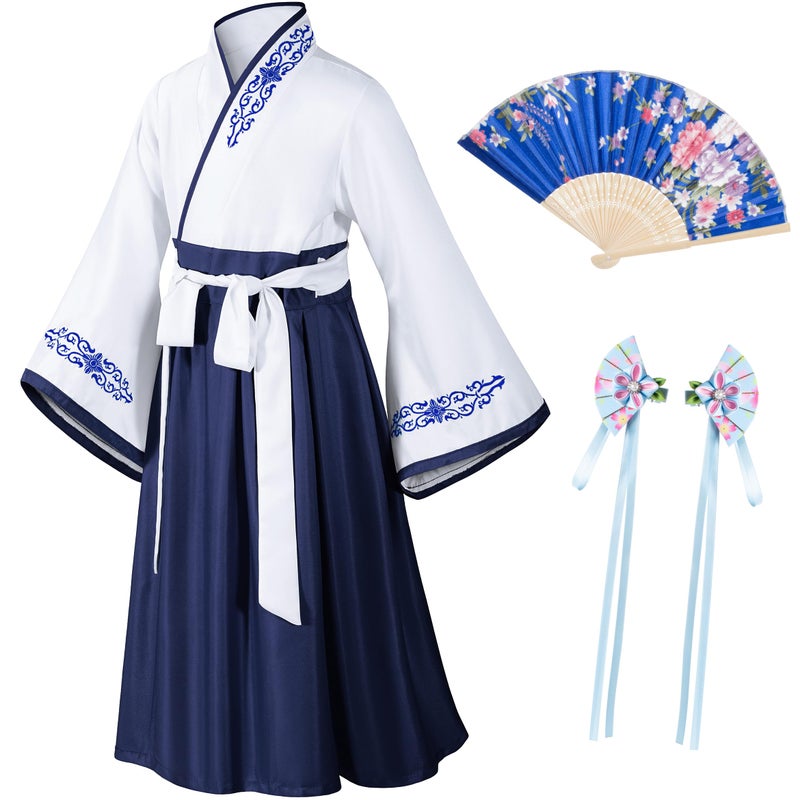 Elibelle Asian Traditional Dress Kimono Robe for Kids Girls Costume Silk Folding Fans hairstick Cosplay(White Navy150cm - Image 2
